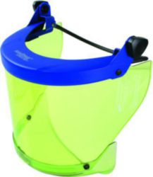 Arc-fault-tested face shield with strap and transparent chin protector