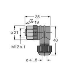 Confectioneerbare connector, Contraconnector M12 × 1, haaks