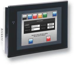 Touch screen HMI, 5.7 inch, TFT, 256 colors (32,768 colors for .BMP/.JPG), 320x240 pixels, 2 x RS-232C ports, Ethernet (10/100 Base-T), 24 VDC, 60MByt