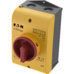 Main switch, 25 A, surface mounting, 3 pole, Emergency switching off function, With red rotary handle and yellow locking ring, Lockable in the 0 (Off)