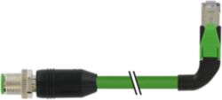 M12 male 0° D-cod./RJ45 90° left PUR 1x4xAWG22 shielded gn+dragch 1m