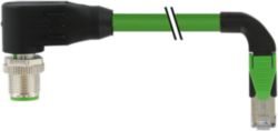 M12 male 90° D/RJ45 90° down PUR 1x4xAWG22 shielded gn+dragch 0.3m