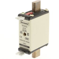 Fuse-link, low voltage, 20 A, AC 500 V, 120 kA, NH000, gL/gG, IEC, dual indicator, insulated gripping lugs